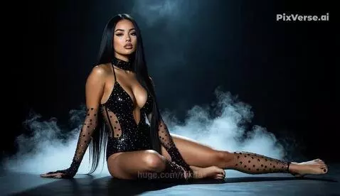 Woman with long dark hair in a sparkling black revealing bodysuit and gloves, dancing in a smoky, spotlighted environment.
