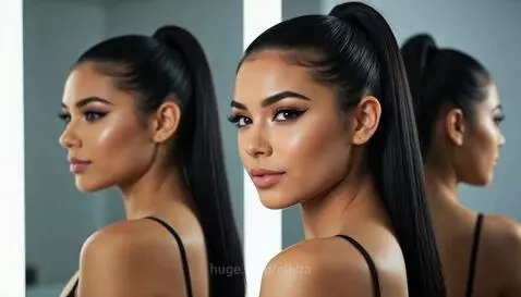 Woman with dark hair in a ponytail, wearing a black top, posing in a mirrored room with blue lightning effects.