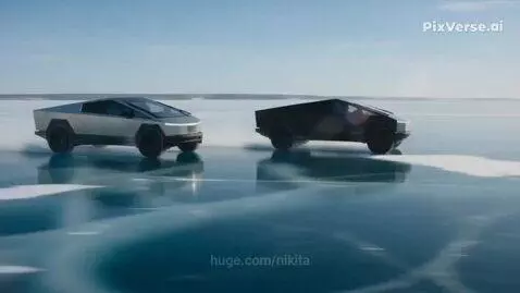 Two Tesla Cybertrucks driving fast on a vast icy surface, one silver and one black.