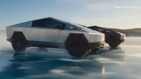Two Tesla Cybertrucks colliding head-on on a frozen, icy surface, creating a large splash of ice and water.