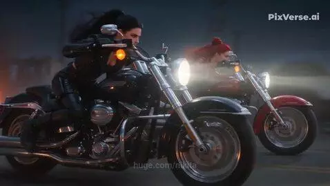 Two women on motorcycles racing at high speed through a destroyed urban landscape with fires and debris.