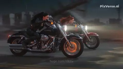 Two women in leather outfits on motorcycles, one black and one red, racing down a damaged road with explosions in the background.