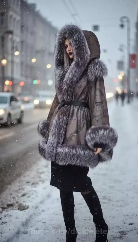 Model is posing and demonstrating her hooded winter outfit w... by digidelete