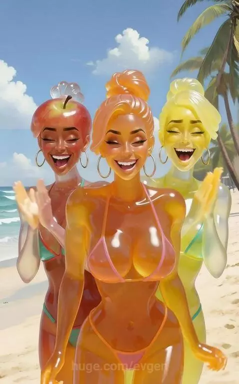 Three translucent, colorful jelly candy figures in bikinis dancing and laughing on a sunny beach with palm trees and ocean.