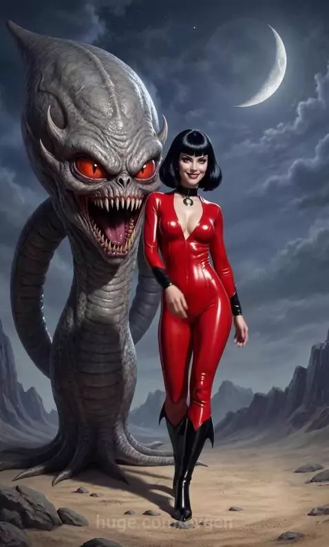 Woman in red latex and black gloves smiles wickedly as a grey monster with glowing red eyes and tentacles approaches.