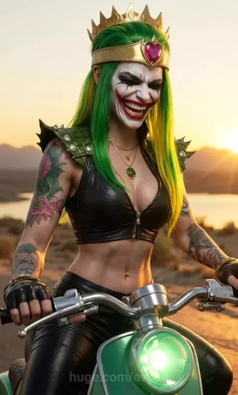 Woman with green and yellow hair, joker makeup, and crown riding a green scooter at sunset.