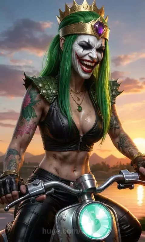 Woman with green hair, clown makeup, and crown riding a scooter with a glowing headlight during a sunset.