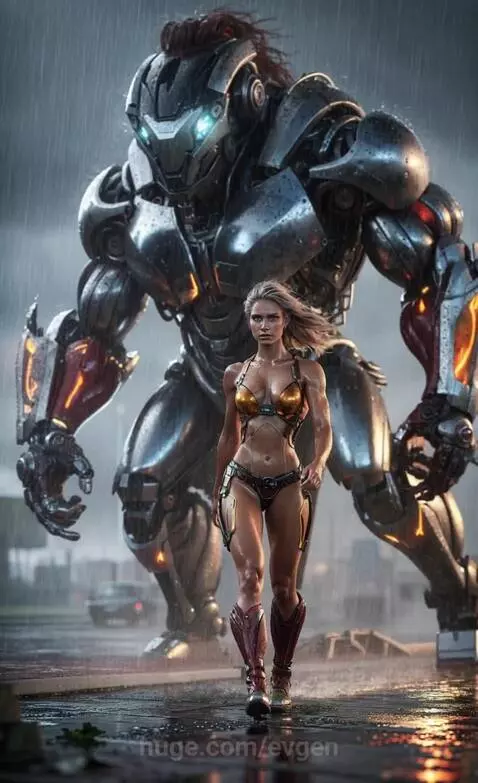 Muscular woman in gold and black bikini outfit with red boots walks towards camera, guarded by a massive armored robot with glowing blue eyes in a rainy urban environment.
