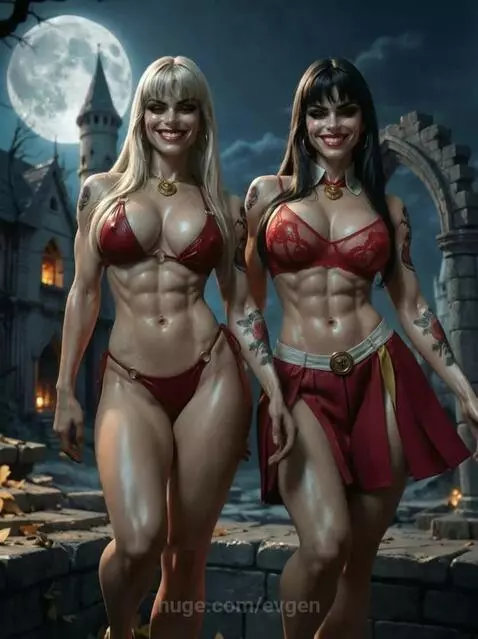 Four muscular women with vampire-like features, dressed in red bikinis and gothic attire, walk forward in a moonlit castle ruin setting.