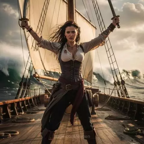 Pirate woman with swords raised, standing on a ship's deck during a stormy sea with large waves.