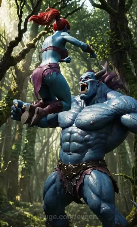 Muscular blue horned monster fighting a nimble blue female with red hair in a mossy forest.