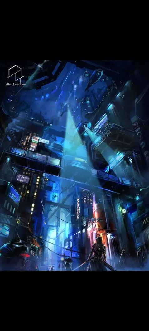 Female ninja character in a dark, neon-lit corridor, gracefully landing and incapacitating guards.