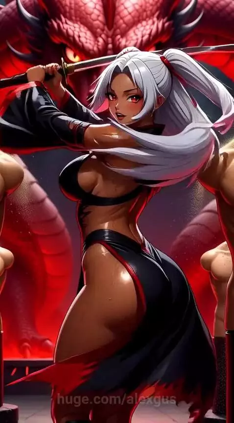 black hair flowing, dynamic combat stance, energy trails and... by alexgus