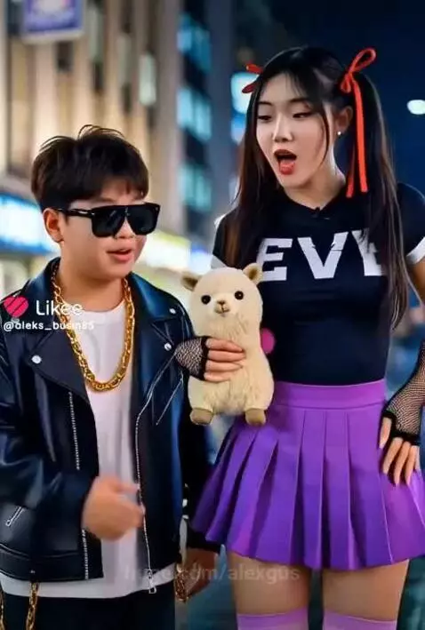 3D render of a boy in sunglasses and gold chain stealing a stuffed alpaca from a surprised girl on a city street at night.