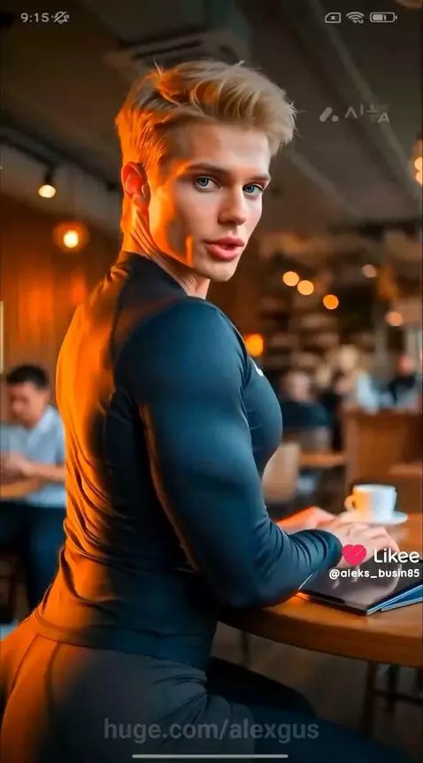 Man in tight dark clothing sitting at a cafe table, holding a glass of mulled wine, looking at the camera.