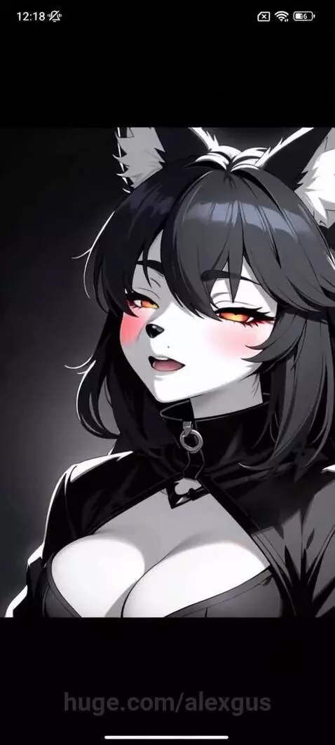 Anime character with black hair, animal ears, fangs, and a revealing outfit, showing blushing expressions and hearts.