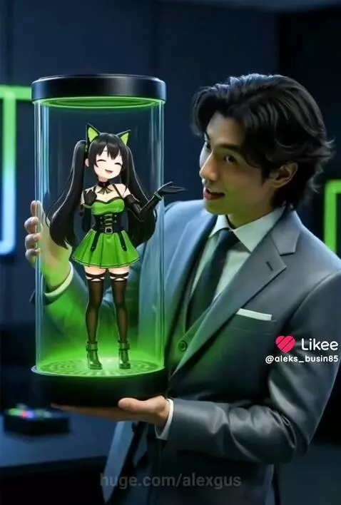 Man holding a device projecting a 3D holographic anime catgirl named Kira.