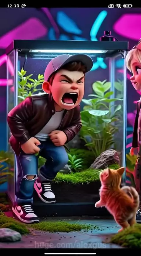 Two animated children and a cat in a neon-lit setting, with a boy offering a frog to a girl.