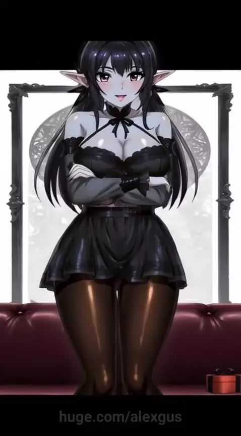 Anime elf girl in revealing outfit posing, playing guitar, and holding a gift.