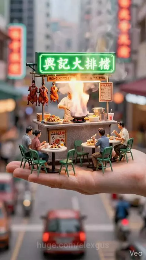 A miniature street food stall with a chef cooking over a flaming wok, held in a human hand against a blurred city background.