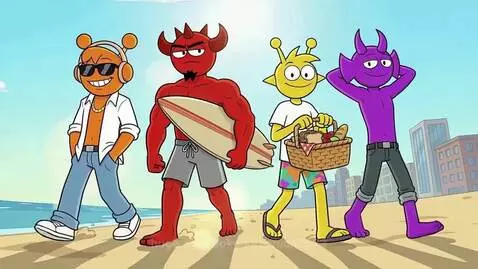 Four cartoon characters walking on a beach: orange, red, yellow alien, and purple. Ocean and city in background.
