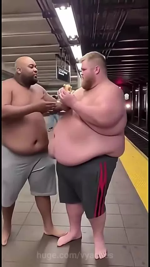 Two shirtless men fighting over a burger on a subway platform, one falls onto the tracks as a train approaches.