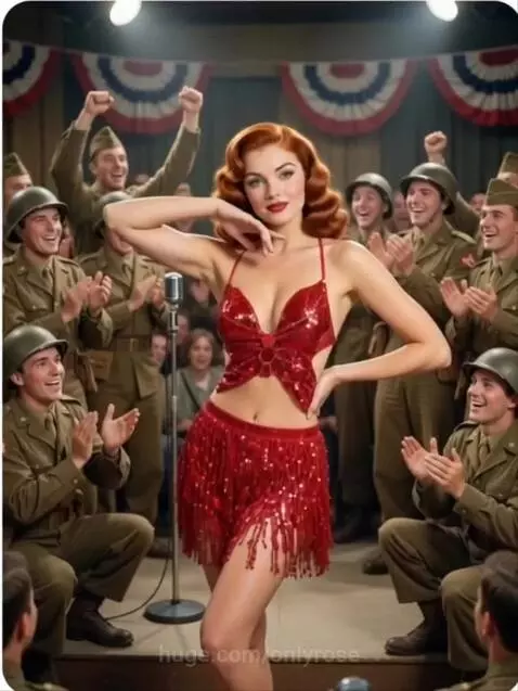 Woman with red hair in a sparkly red outfit performing a vintage-style show for soldiers in uniform.