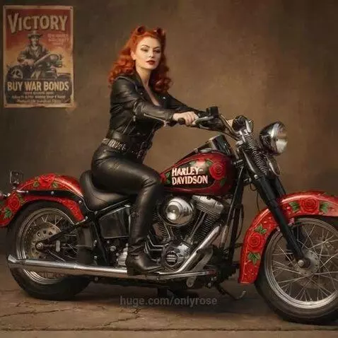Woman with red hair in pin-up style, wearing leather, posing on and riding a red Harley-Davidson motorcycle with rose decals.