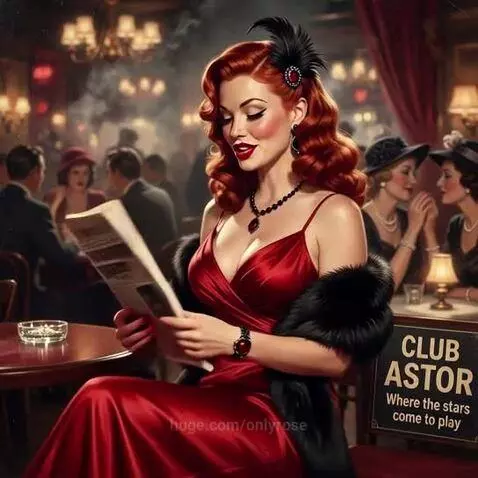 Glamorous redhead in a red satin dress and fur stole in a dimly lit club, holding a newspaper with a headline about her.