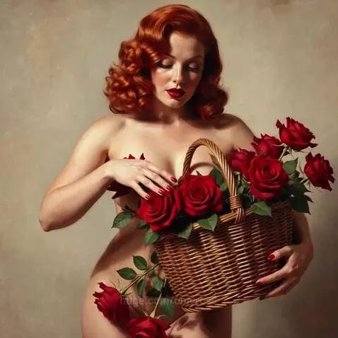 A woman with fair skin, red curly hair, and red lipstick, nude with red roses covering her body, holding a basket of roses.