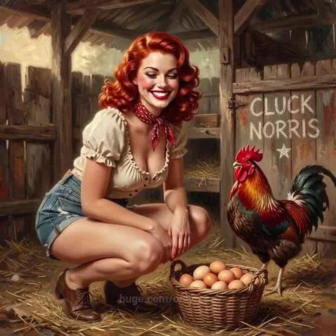 Woman with curly red hair in a peasant top and denim shorts collecting eggs in a barn, with a rooster named Cluck Norris.