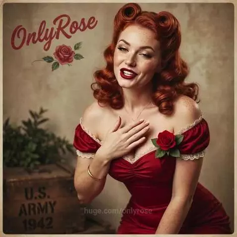 Red-haired woman in vintage pin-up style, red dress, blowing a kiss with a rose.