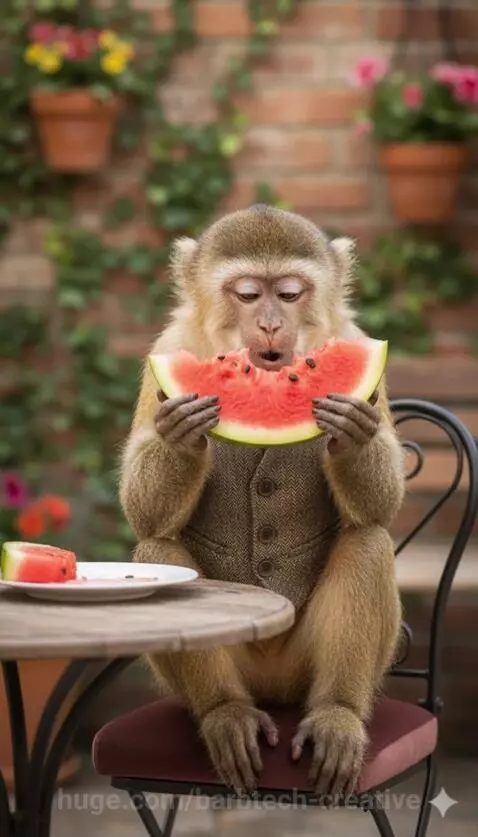 Monkey eating watermelon by barbtech-creative
