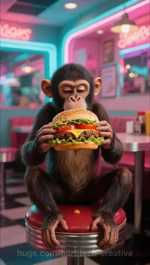 Monkey eating a hamburger by barbtech-creative
