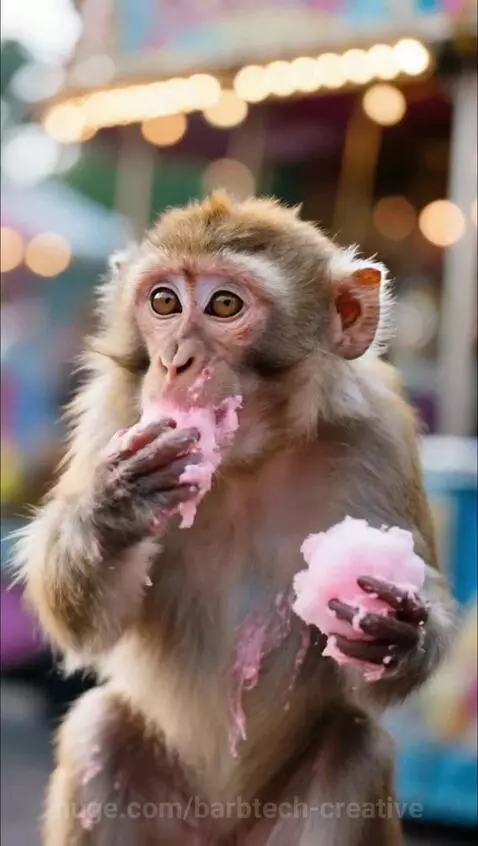 Monkey eating pink cotton candy by barbtech-creative