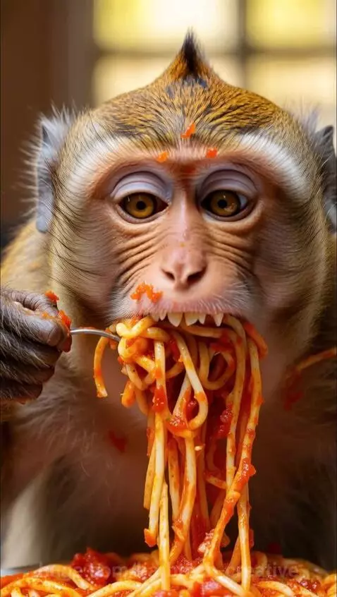 Monkey eating spaguetti by barbtech-creative