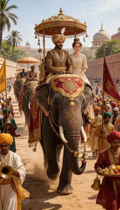 European woman and Indian prince sharing a romantic moment on a palace balcony at sunset in colonial India.