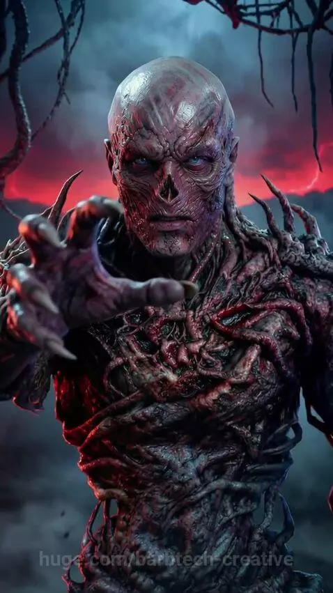 Man with dark hair and armor transforms into the monstrous Vecna with glowing eyes and sharp teeth.