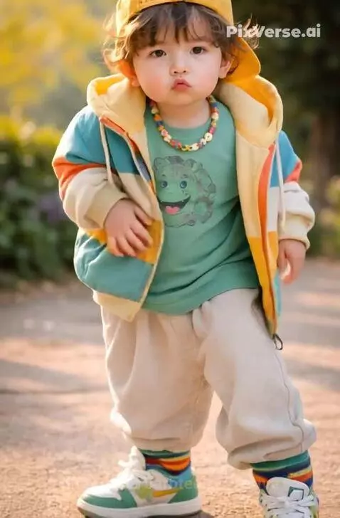 A happy baby wearing a yellow cap and colorful jacket dances outdoors on a paved path.