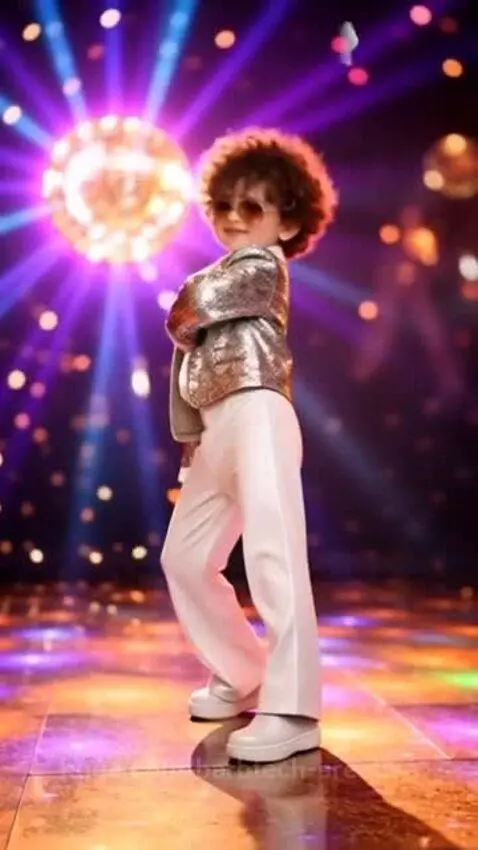 Young child in a silver disco jacket, afro wig, and sunglasses dancing energetically on a brightly lit disco floor with a disco ball.