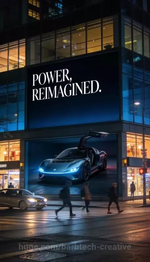 Night city skyline with vibrant, interactive 3D billboard advertisements for drinks, cars, and toys.