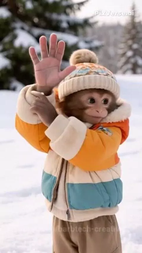 A monkey wearing a hat and scarf dances in the snow, clapping its hands.