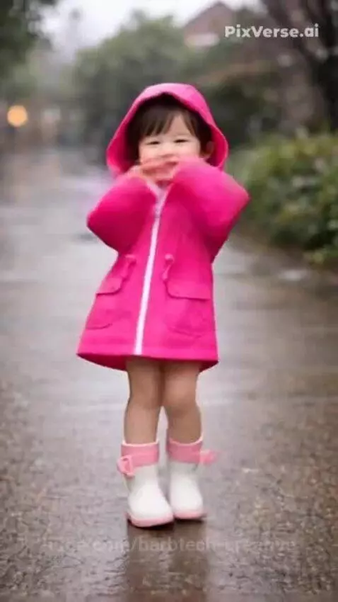 A happy baby girl in a pink raincoat and rain boots dances on a wet path on a rainy day.