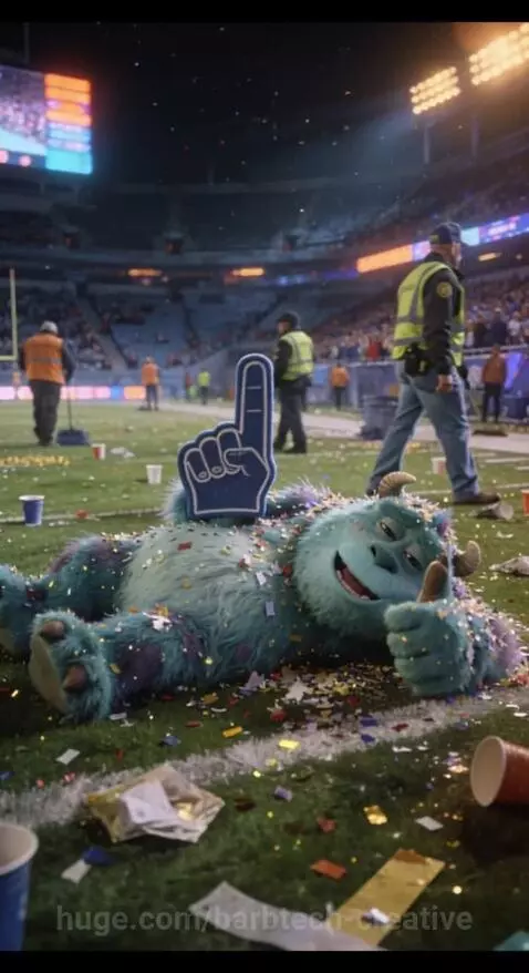 Animated monsters playing football and celebrating during a Super Bowl game.