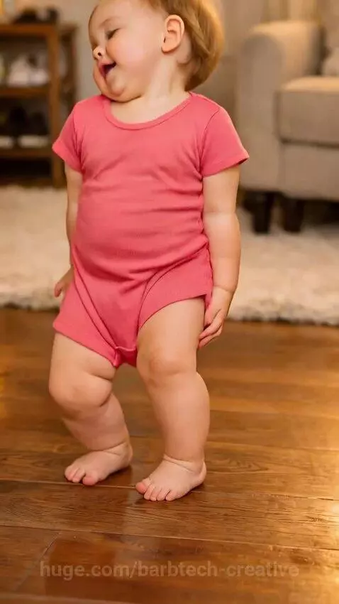 A cute baby with blonde hair and blue eyes dancing energetically on a wooden floor.