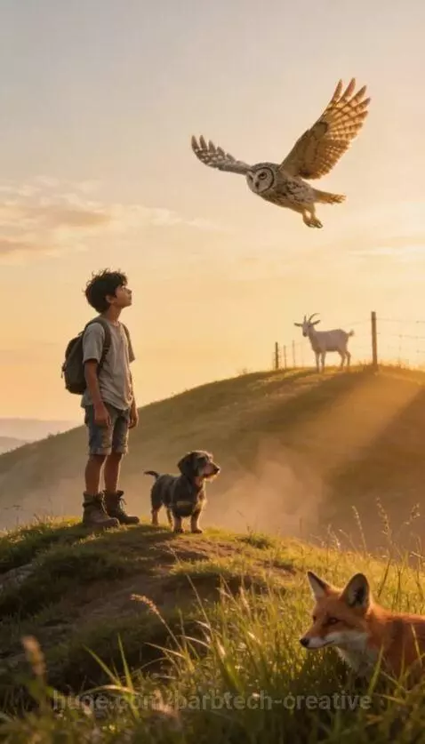 A young boy and his dog walking through a sun-dappled forest, smiling.