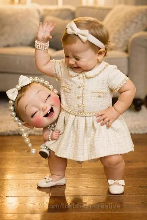 A giggling toddler in a cream dress with pearls and a bow dances on a wooden floor, with an animated baby character nearby.