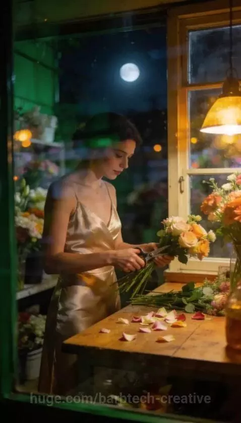 A stylish woman arranging flowers in a neon-lit shop at night, with a man visible in the background.