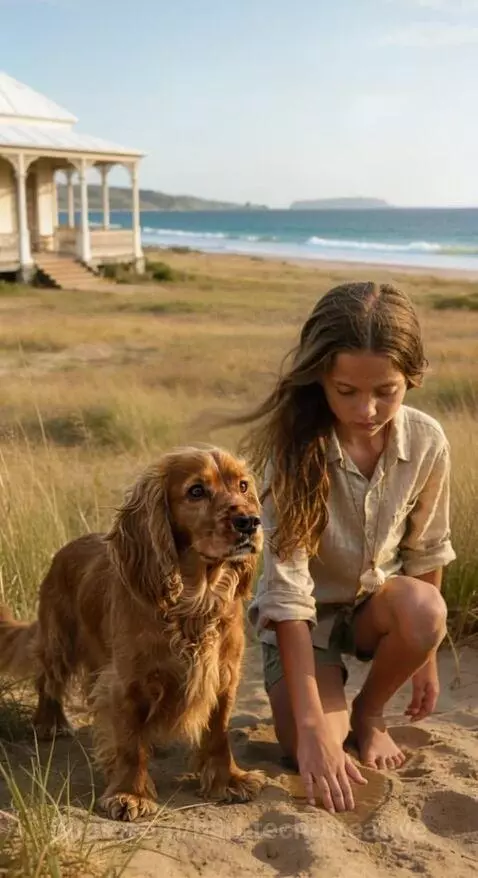Children and a dog playing on a tropical island beach with a wooden pier in the background.