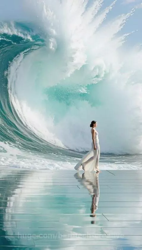 Woman in high fashion amidst exploding flowers, ice, ocean waves, and volcanic eruptions.